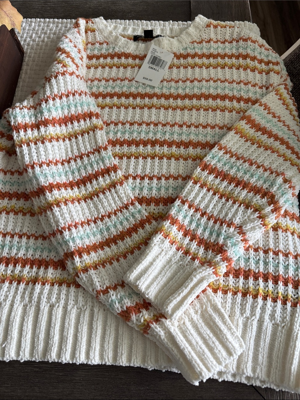 Absolutely Famous Cream Sweater with Orange and Mint Stripes